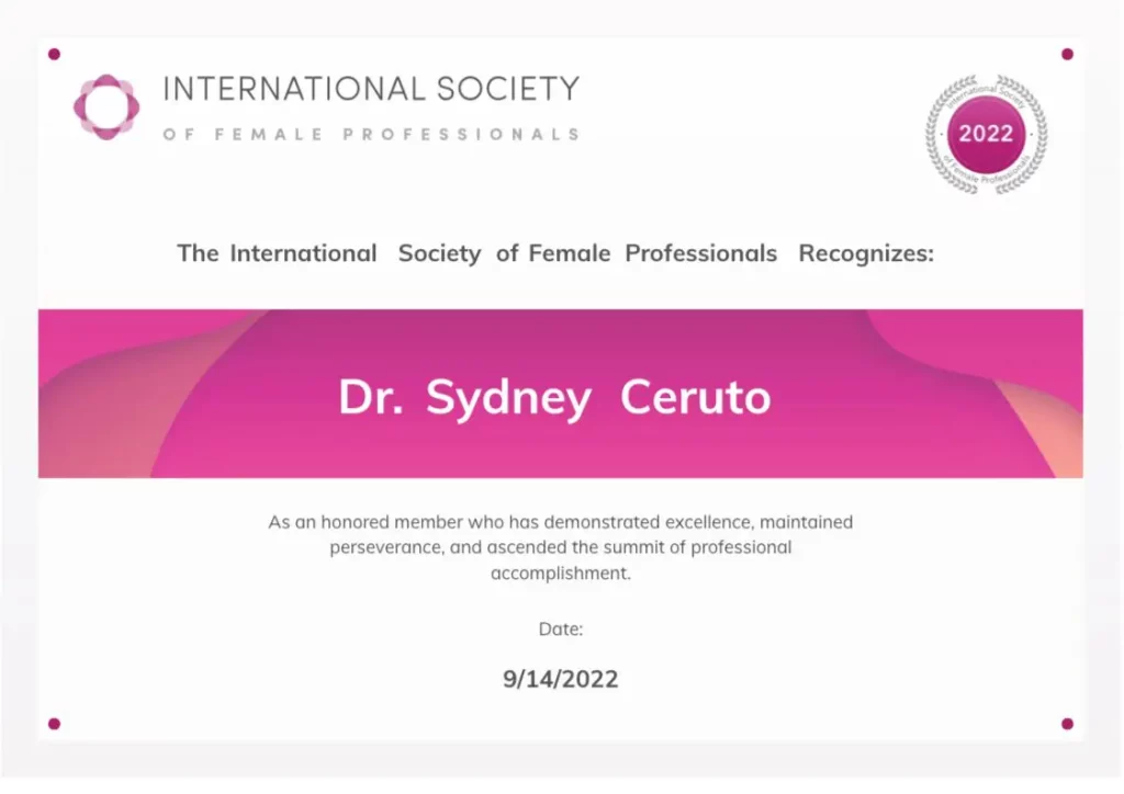 Dr. Sydney Ceruto acknowledged by ISFP International Society of Female Professionals for her comprehensive approach to Neuroscience-Based Life Coaching.