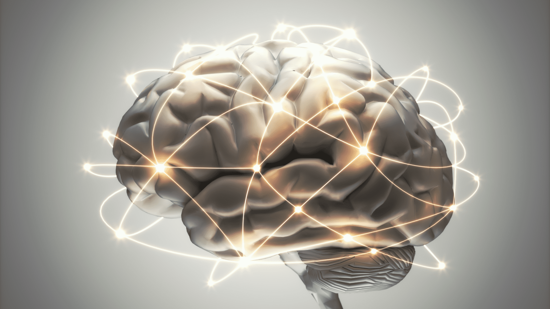 3D model of human brain with glowing neural connections showing neuroplasticity in action