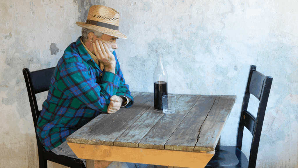 Elderly man sitting alone at a rustic table with a bottle of wine, reflecting the neuroscience of loneliness.