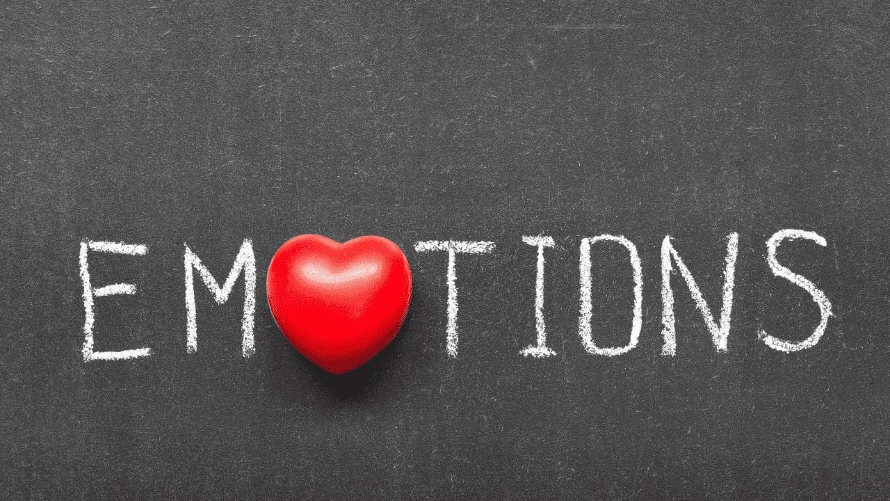 Word emotions written in chalk with a red heart symbol replacing the letter O, representing primary emotions.