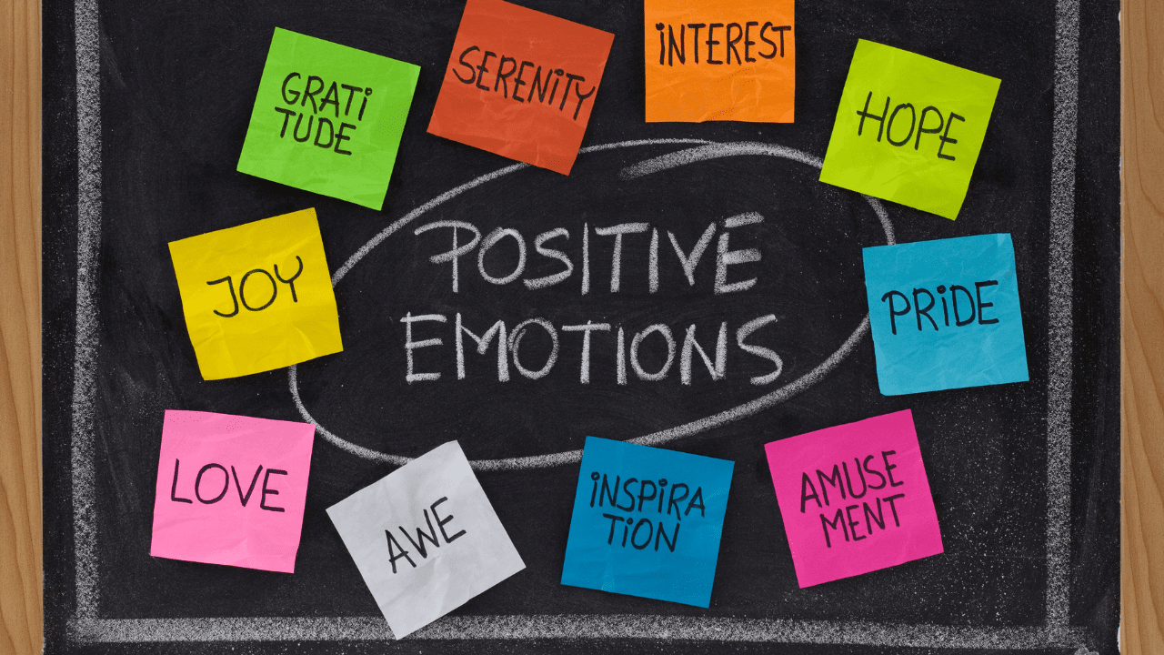 A blackboard with sticky notes on it showing a path to emotional well being and emotional regulation. Emotional Regulation and Mental Well-being