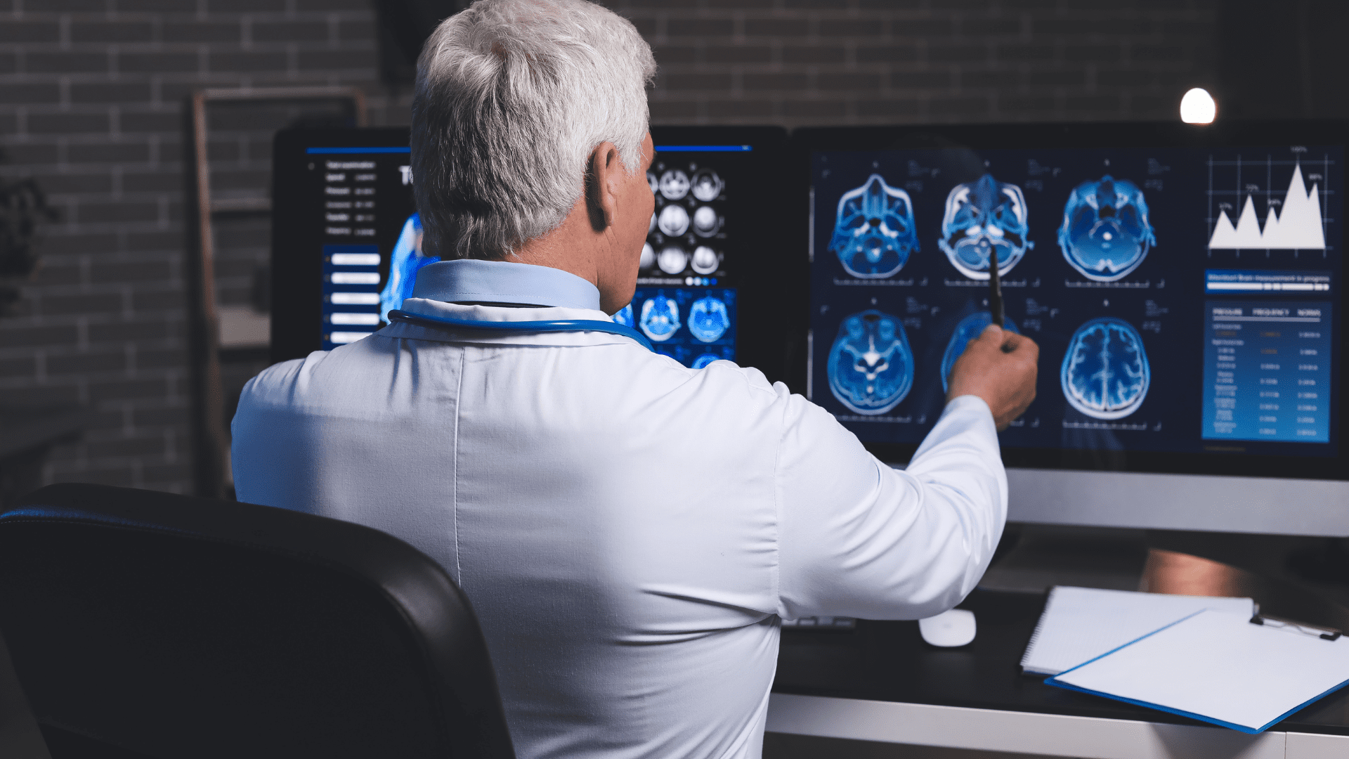 Doctor analyzing brain scan focused on prefrontal cortex for executive functions and neuroplasticity