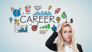 My image depicts a woman confused about what the best career compatibility is for her and needing help finding the perfect job; please provide a suitable Alt Text for the image that reflects its content and purpose. Make sure the alt text is descriptive, concise, and includes relevant keywords (focus keywords: choose right job, finding right career, career compatibility) to optimize it for search engines and improve the accessibility of the content for users with visual impairments.