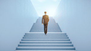 Man finding career compatibility, ascending stairs to perfect job and bright future