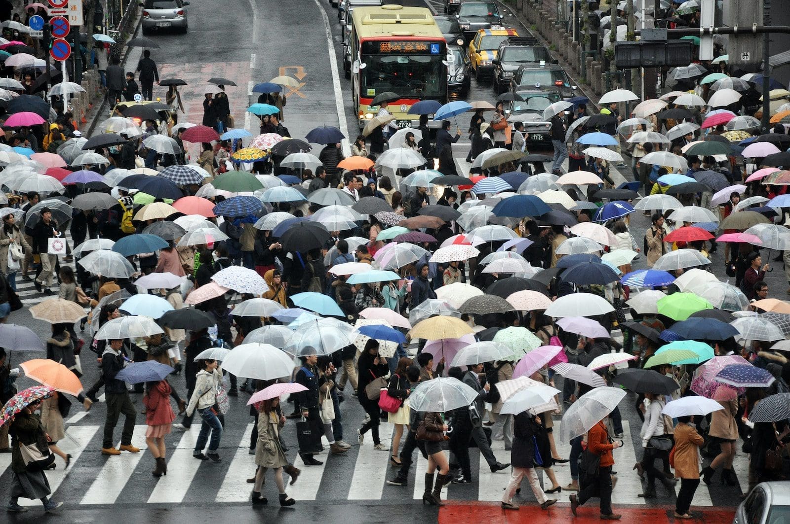 Crowd of people holding different color umbrellas, symbolizing various personality types.