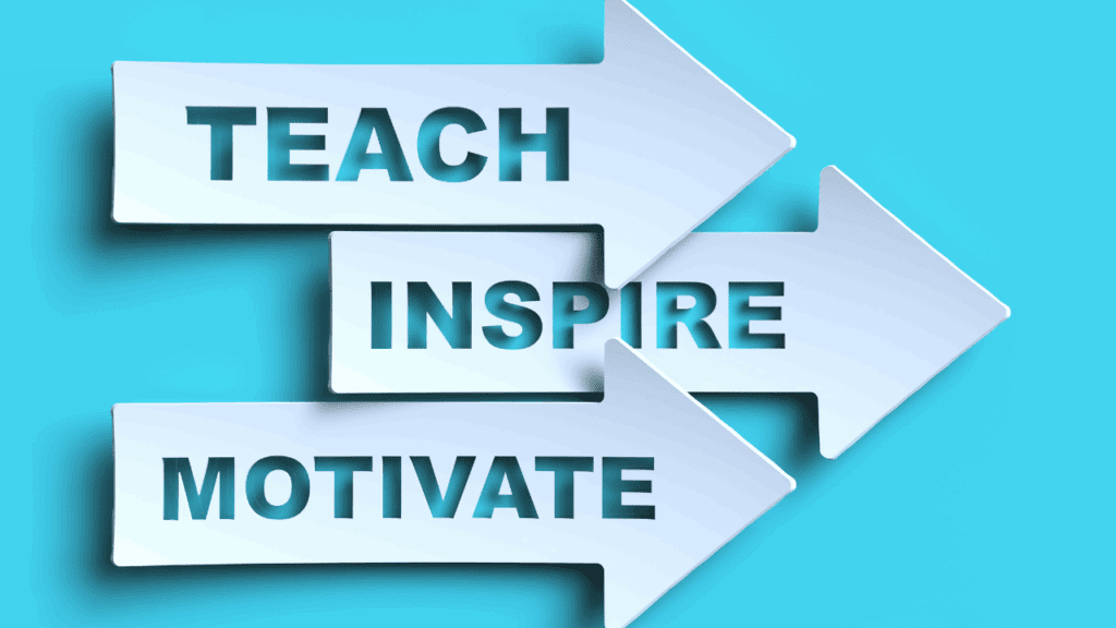 Motivational coach teaching, inspiring, and motivating through a light blue sign with white arrows