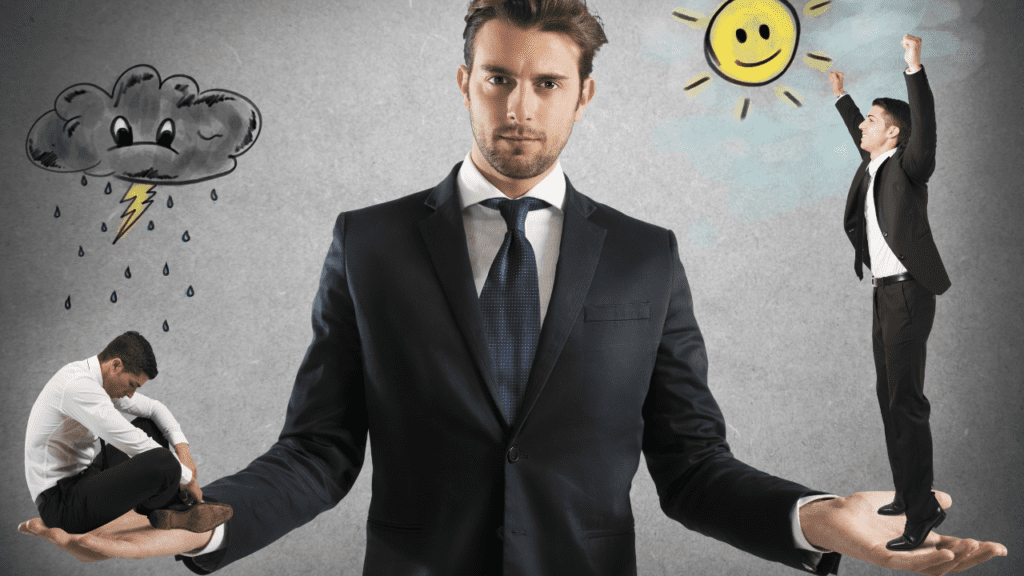 Man holding two contrasting concepts of negative self-talk and embracing positivity in his hands.