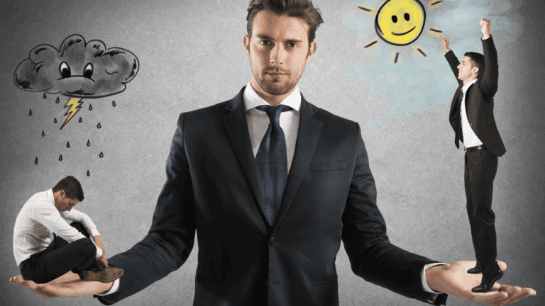 Man holding two contrasting concepts of negative self-talk and embracing positivity in his hands.