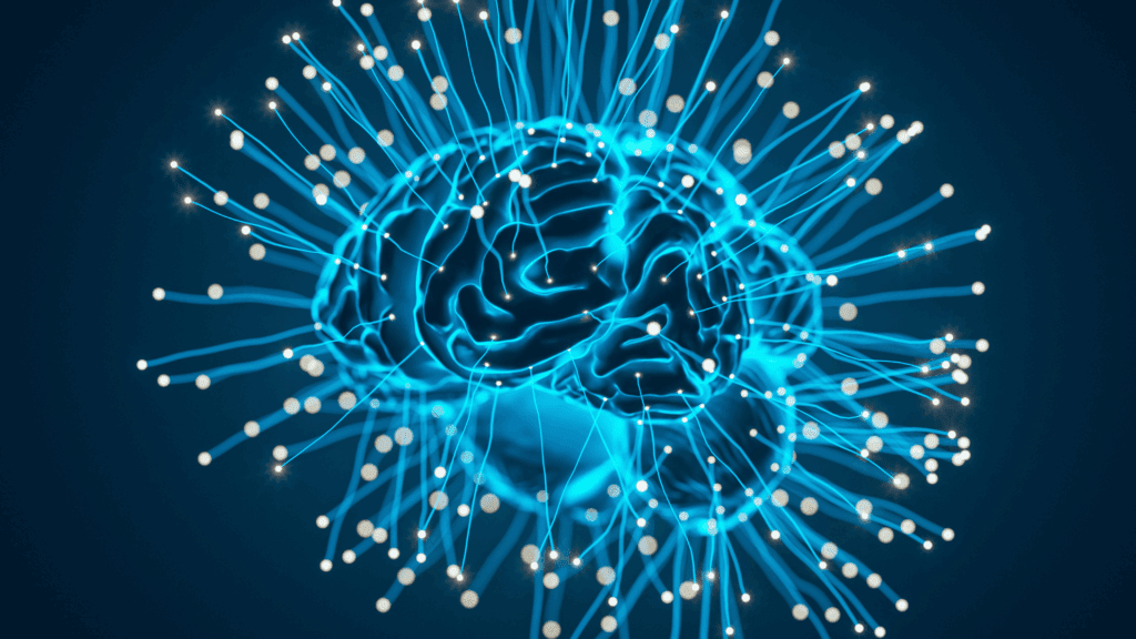 Exploring Brain Regions and Their Role in Cognitive Biases 1 Digital illustration of a glowing brain with neural connections, symbolizing brain regions and cognitive biases.