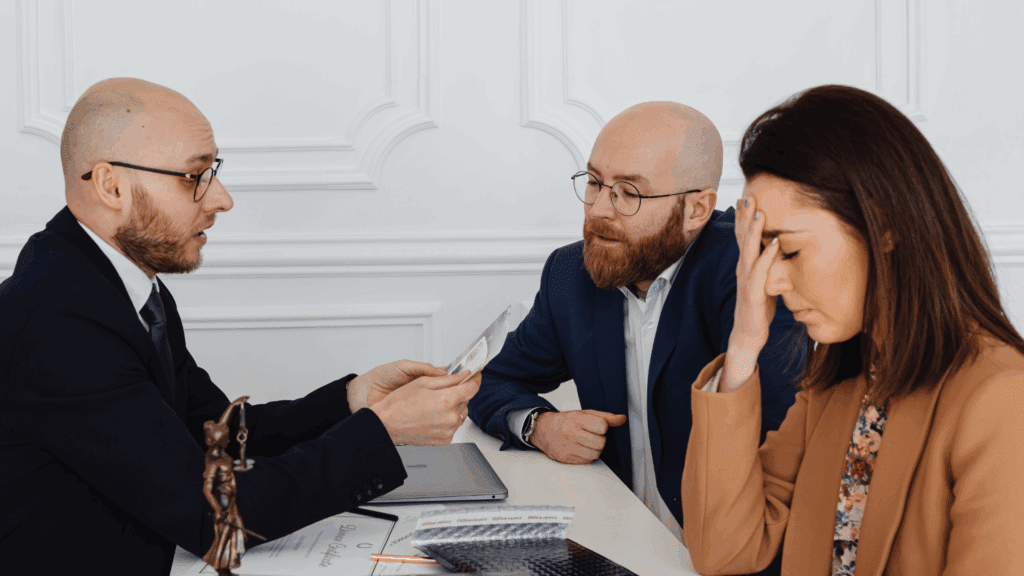 Decoding the Impact of Cognitive Distortions on Conflict Resolution in Executive Leadership 2 Executives in a tense meeting with a mediator discussing money, illustrating cognitive distortions in conflict resolution.