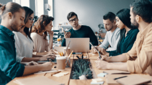 Conference table scene showing team's confusion resulting from executive's cognitive distortions leadership.