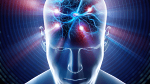 Neuroscience Updates 41 Human head showing neurotransmitters and neuron activity.
