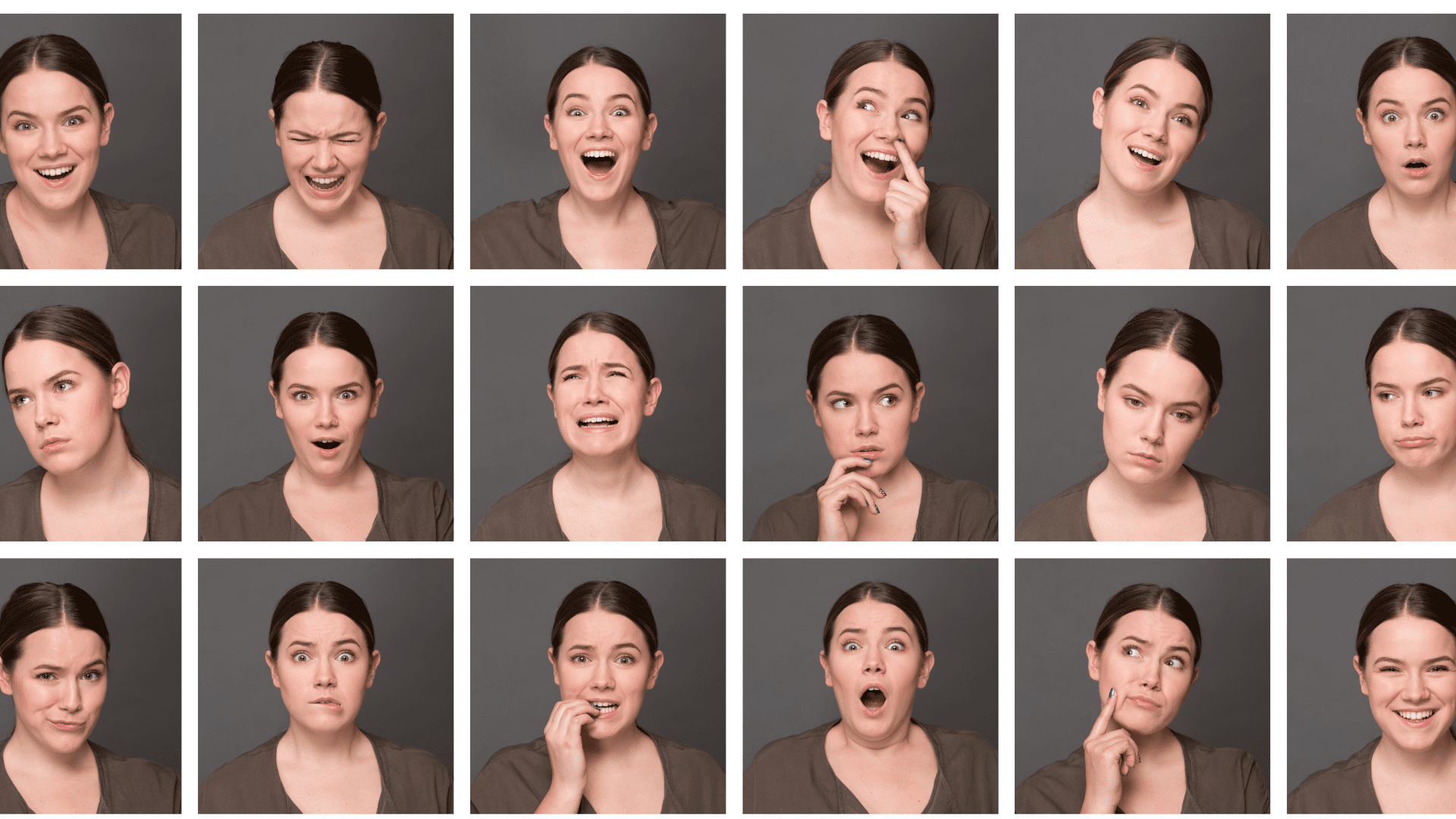 a collage of a woman expressing many emotional facial expressions trying to master her emotions for emotional control