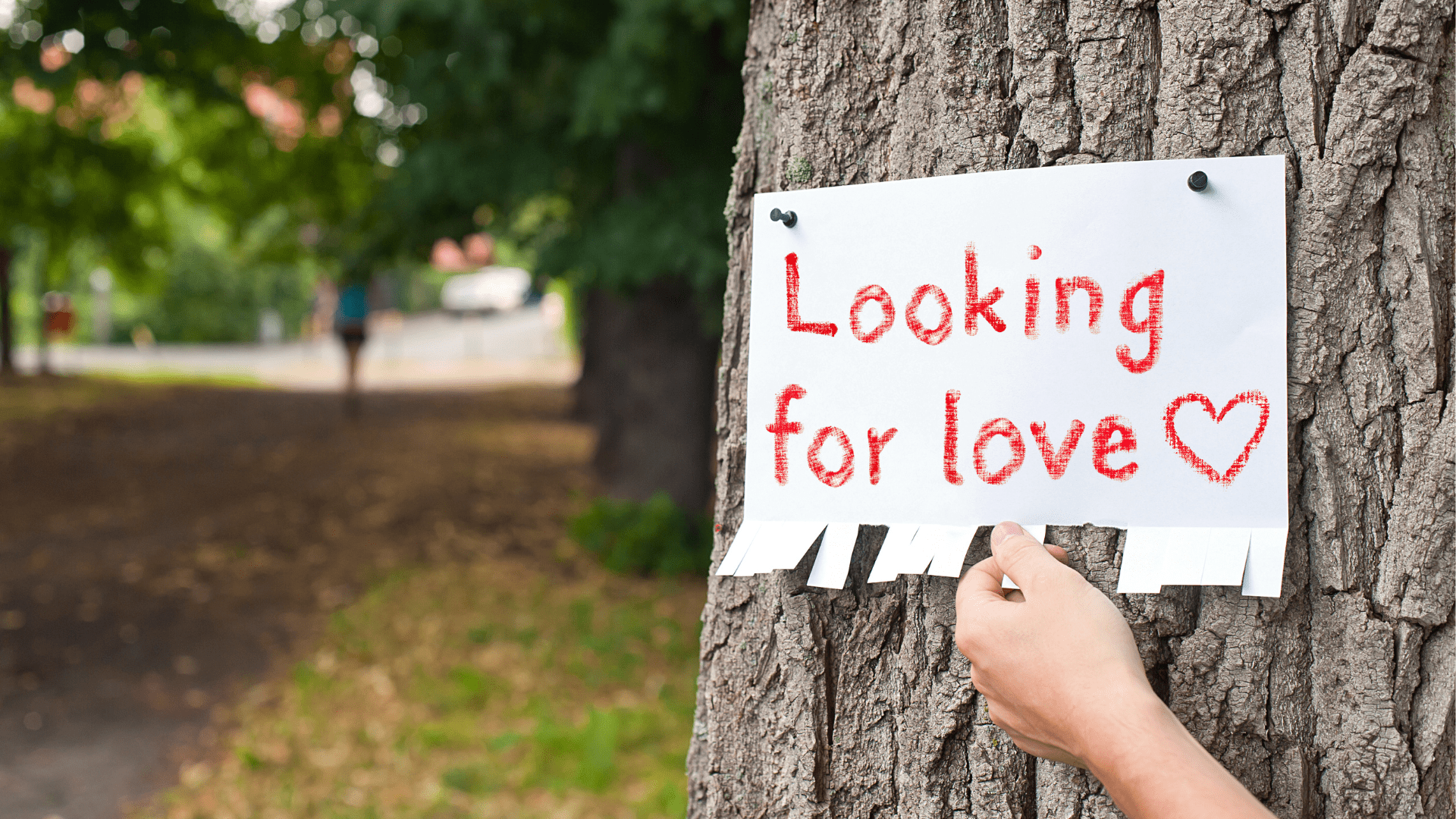 a hand holding a sign on a tree saying looking for love indicating why we feel so lonely and understanding loneliness