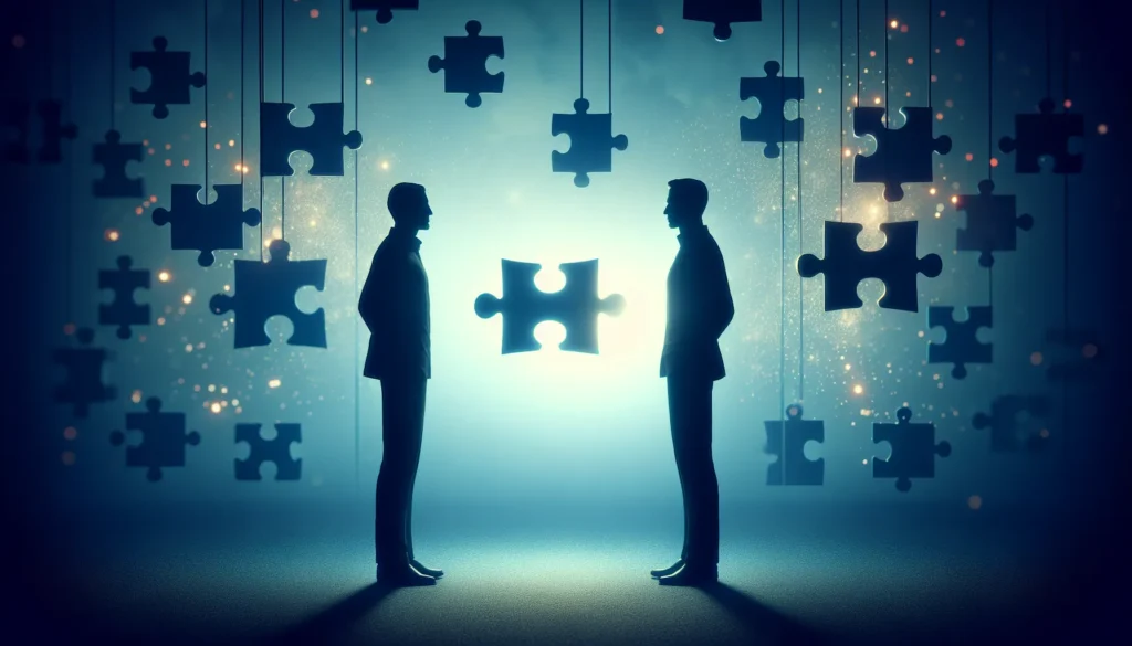 two men standing in front of a puzzle piece who have learned 12 Neuroscience-Backed Secrets to Building Stronger Interpersonal Relationships