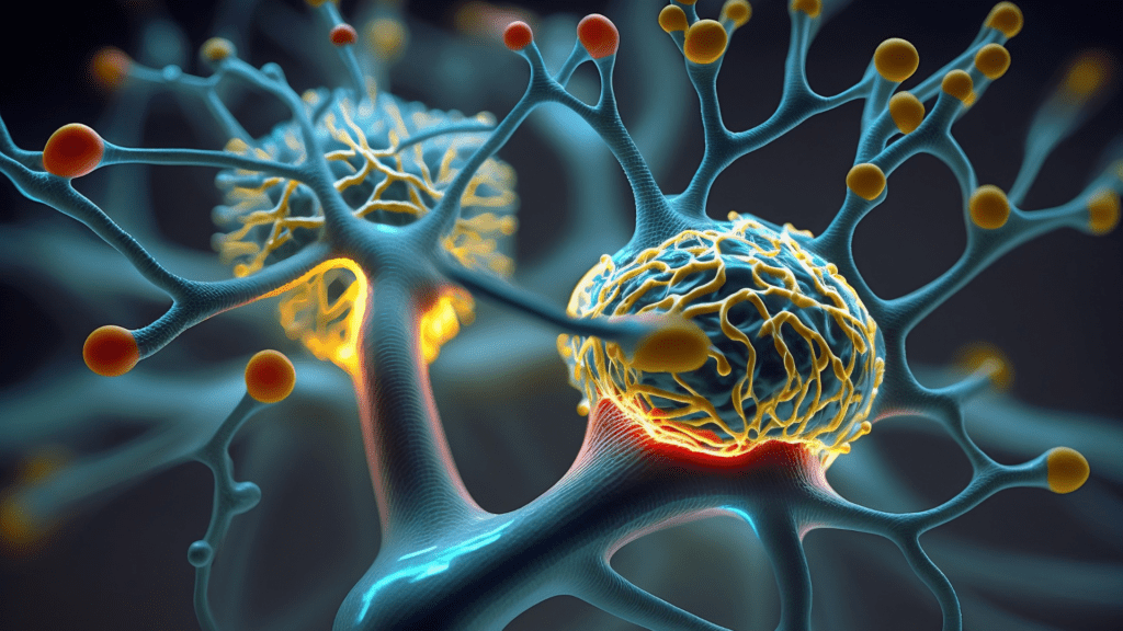 a close-up of a blue and yellow neuron