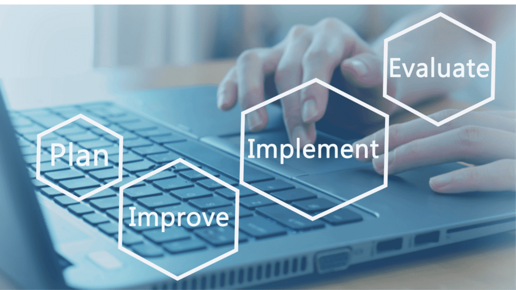 a photo of a laptop computer with the words plan, improve, implement and evaluate indicating the need to create your own resiliency plan