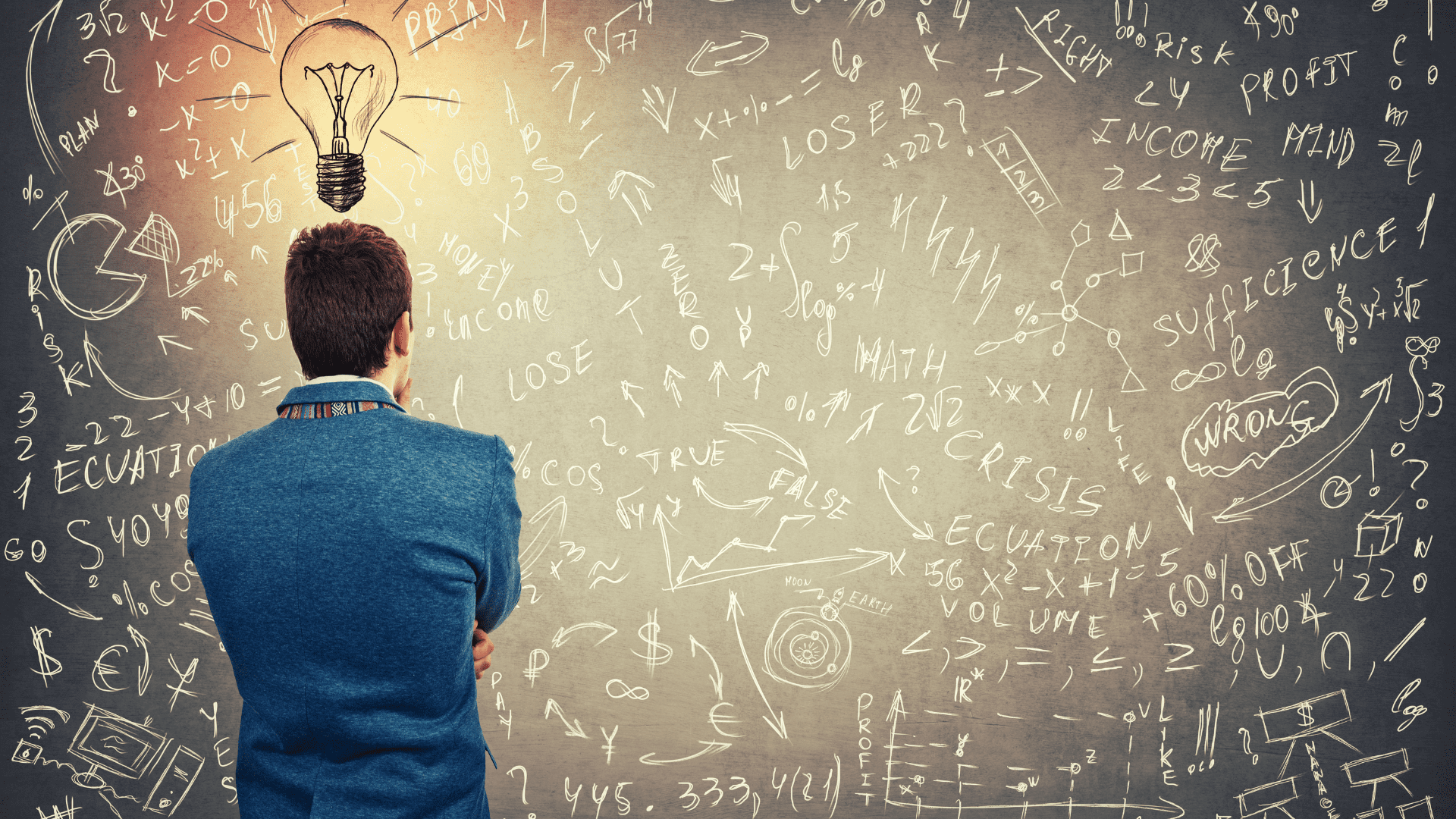 Man standing in front of a chalkboard filled with complex equations and formulas, representing catastrophic thinking.