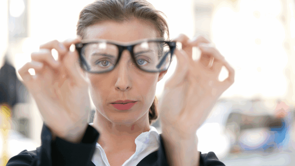 Mastering Perspective Change: Explosive Neuroscience Insights 4 Woman adjusting her glasses, focusing on changing perspective.