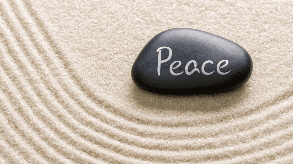 Black stone with 'Peace' inscription on raked sand, representing equanimity