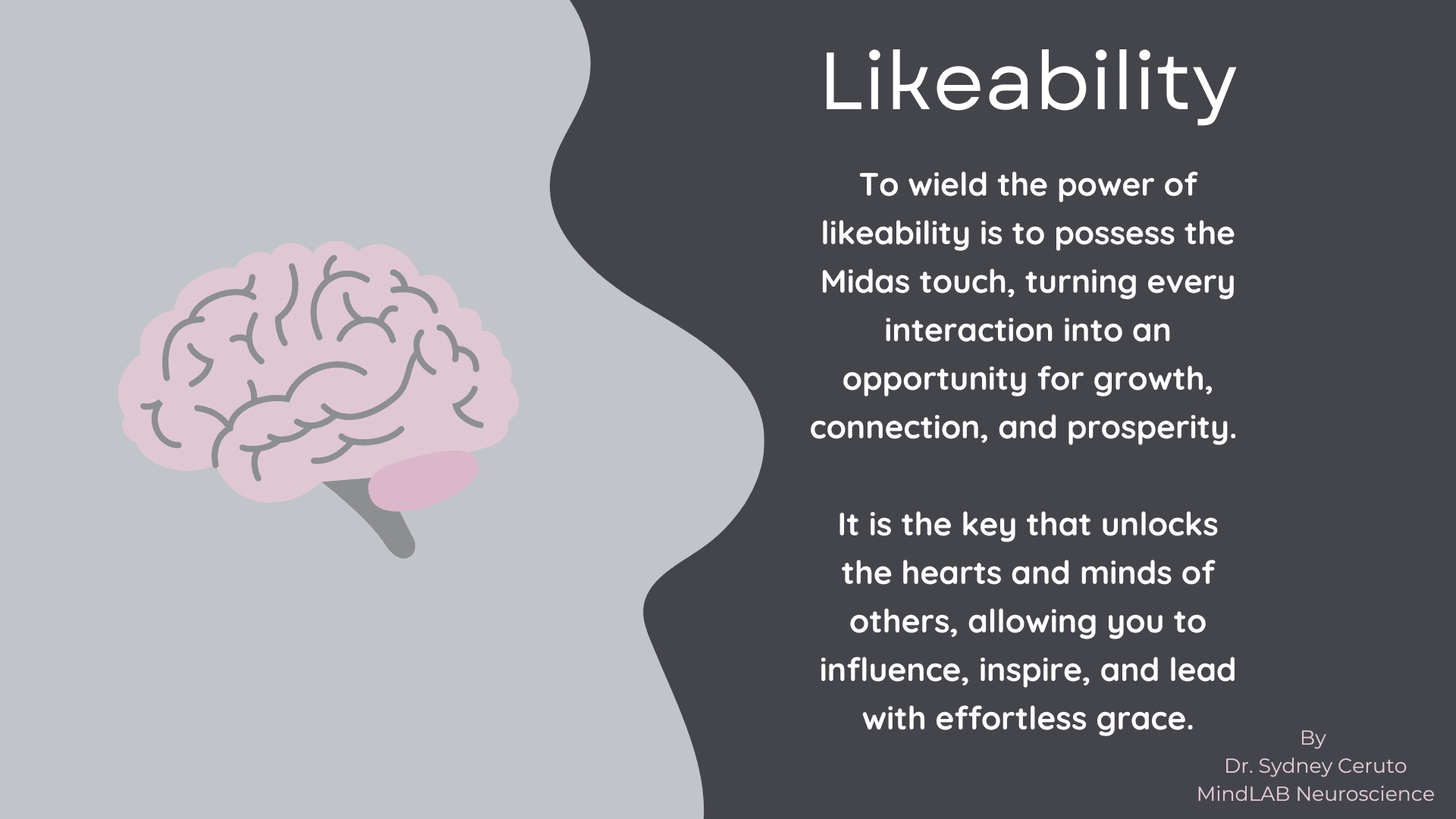 Illustration of a brain with text about likeability. Likeability is key to unlocking growth and connection.