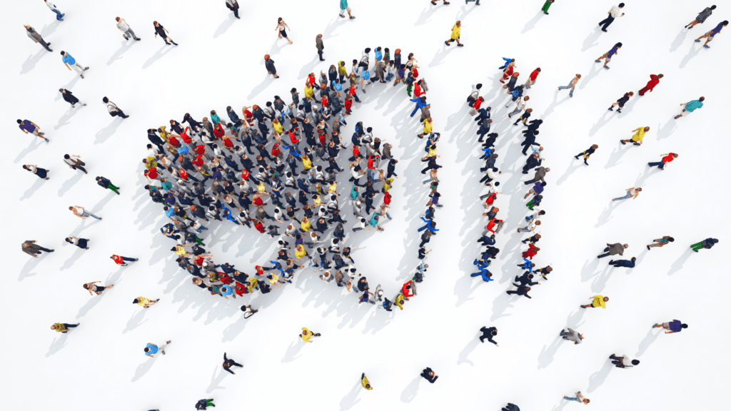 A crowd forming the shape of a megaphone, symbolizing the collective voice within echo chambers. 