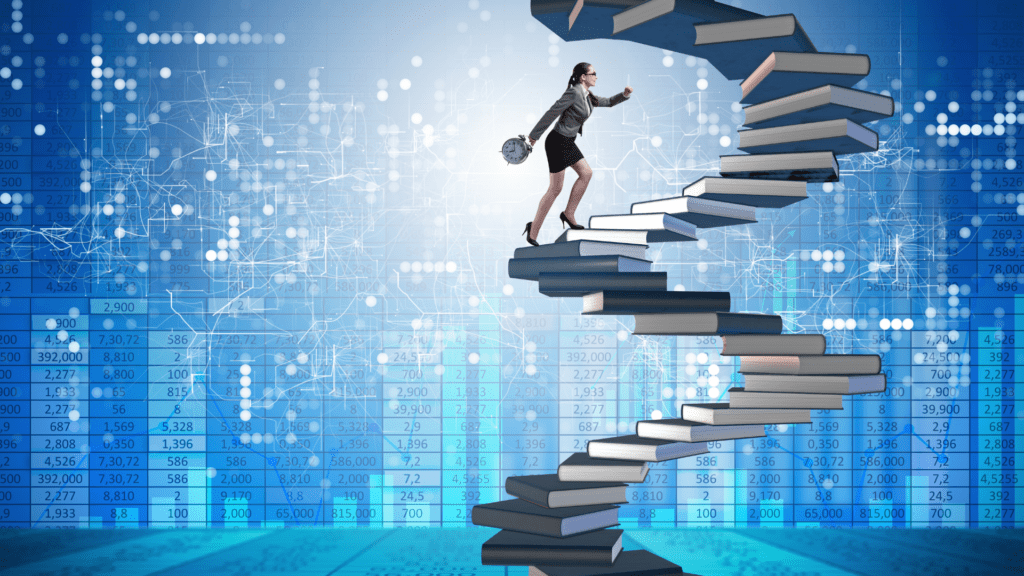 Woman climbing a staircase made of books with digital background indicating climbing towards a promotion
