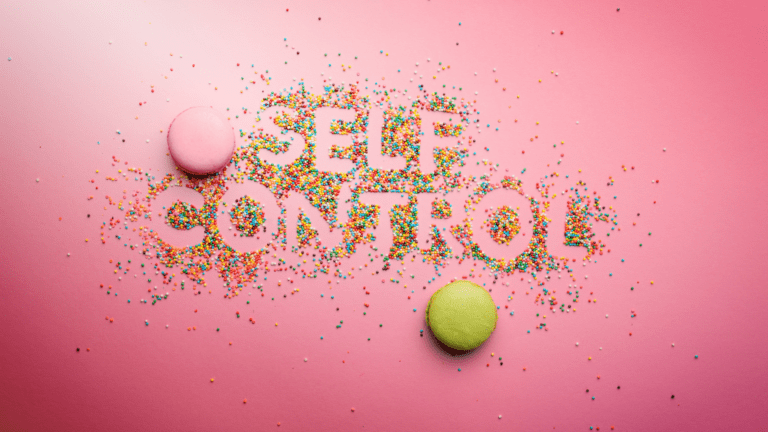 Self Control spelled in colorful sprinkles on a pink background