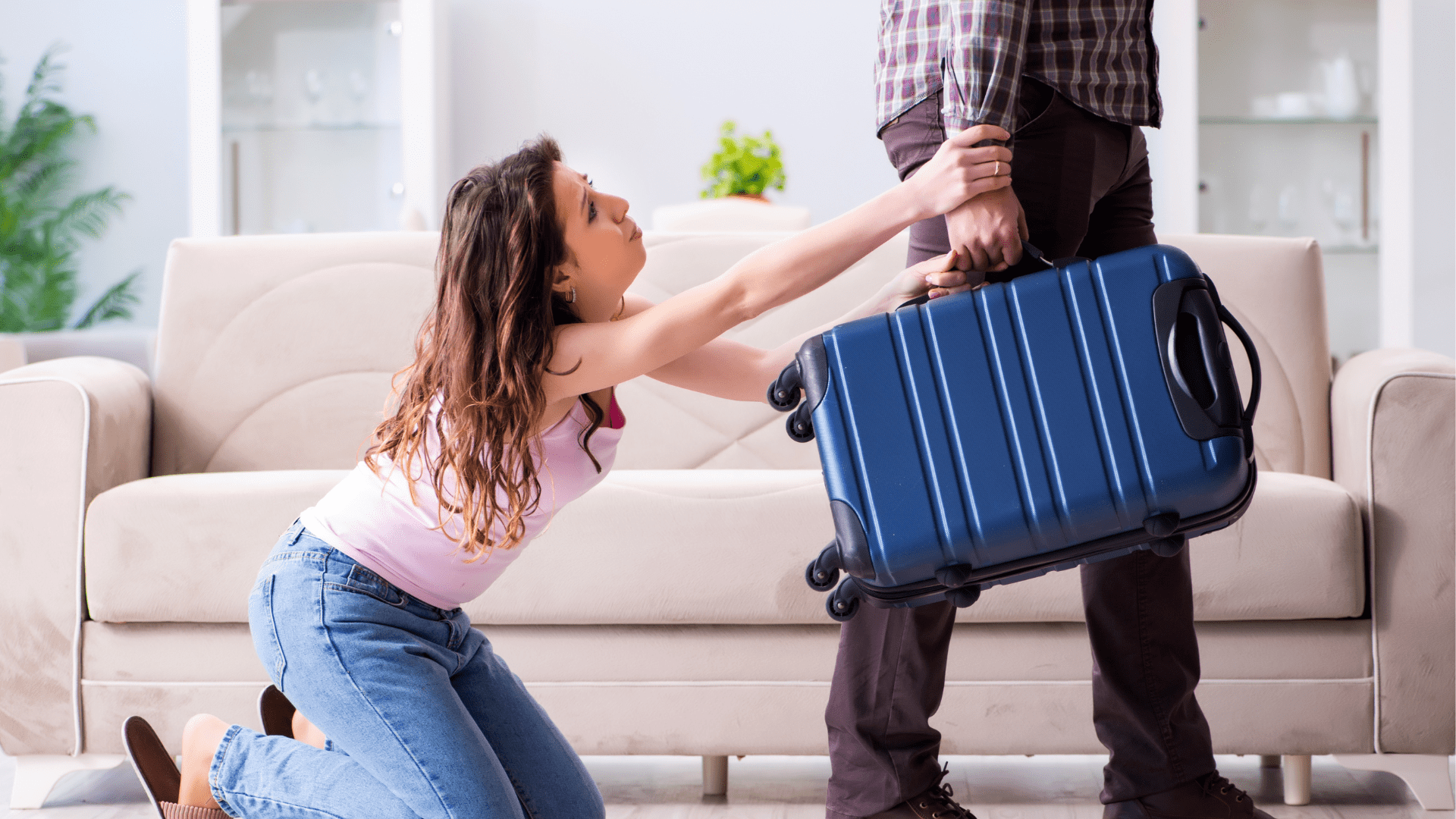 Woman holding onto a man's leg as he walks away, depicting relationship struggles. Recognizing when it's time to seek help.