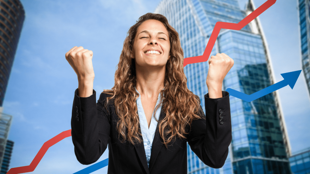 Businesswoman celebrating personal and professional success with rising growth charts in the background

