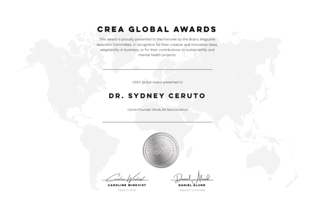 CREA Global Award certificate presented to Dr. Sydney Ceruto recognizing outstanding global leadership and innovation