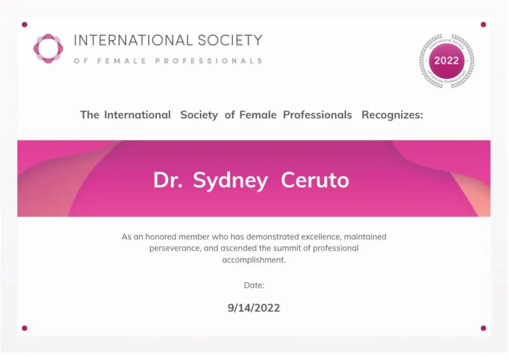 International Society of Female Professionals (ISFP) certificate awarded to Dr. Sydney Ceruto in recognition of outstanding achievement