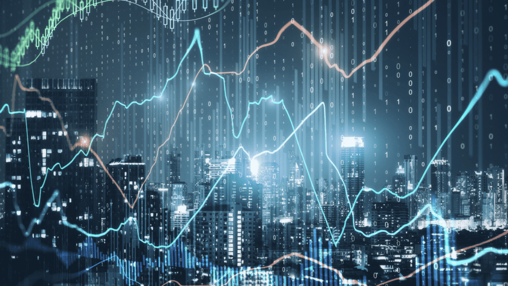 City skyline with financial graphs and data overlay representing market trends and financial analysis.



