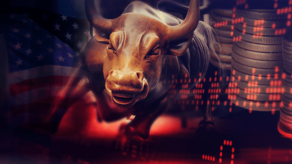 Statue of the Wall Street bull with financial data overlay, symbolizing market dynamics.



