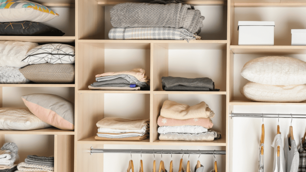 Well-organized closet with neatly folded clothes and storage solutions

