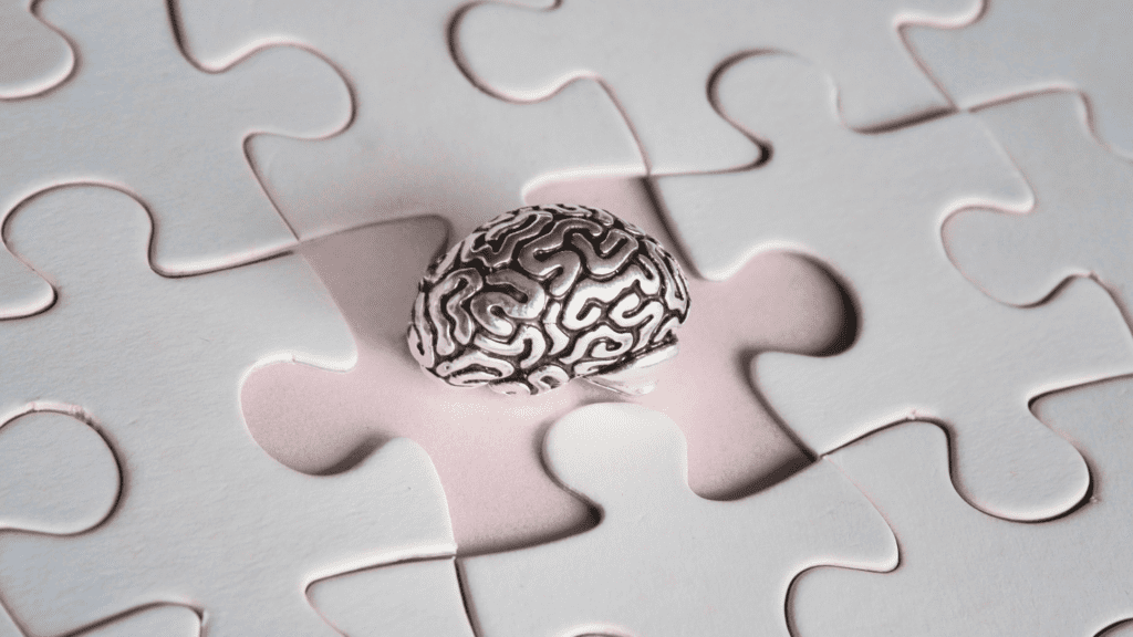 Metal brain model in white puzzle piece gap showing mind-body connection.


