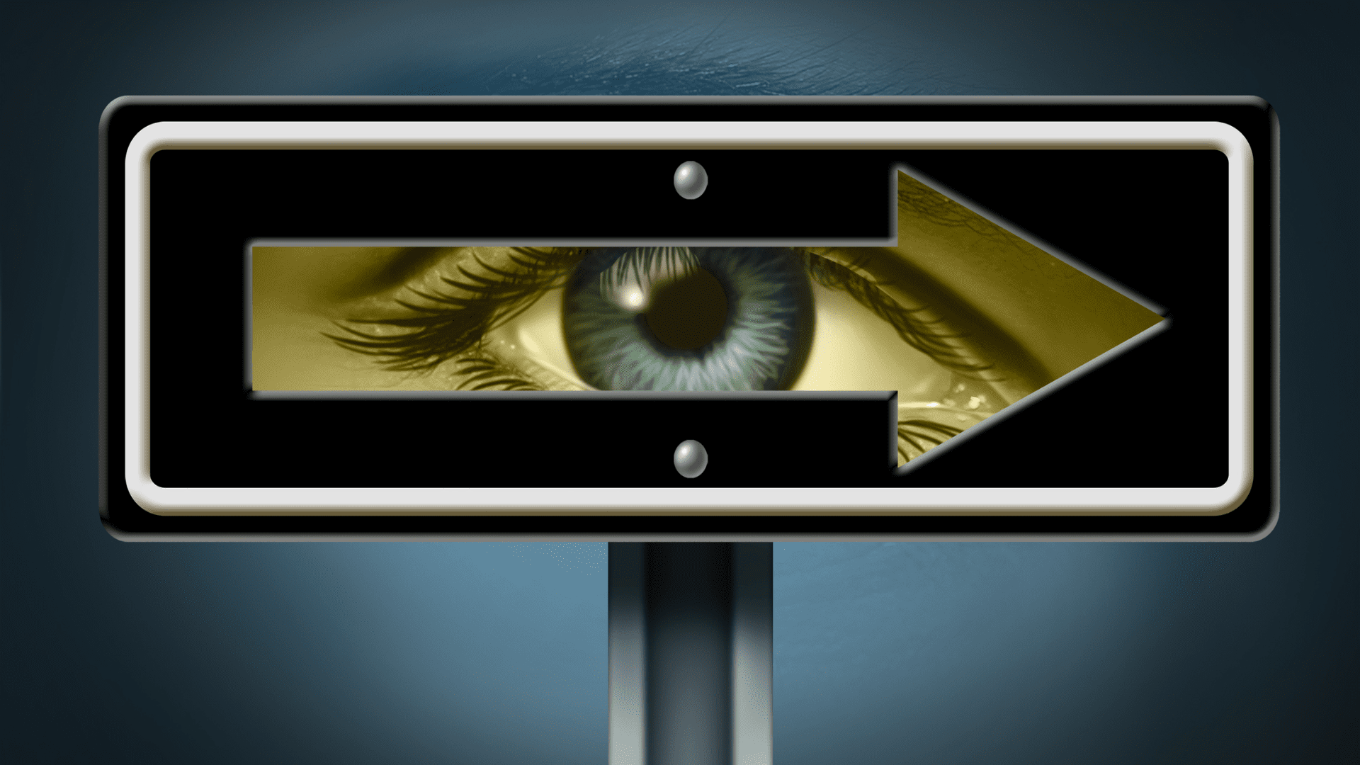 A conceptual image of an eye within a directional sign, symbolizing a visionary mindset and the ability to see future possibilities.