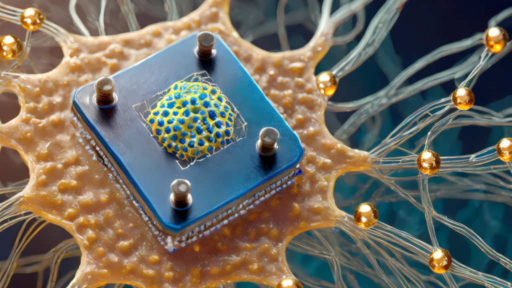 A futuristic neural chip embedded in a network of artificial neurons, representing AI-driven cognitive enhancement.