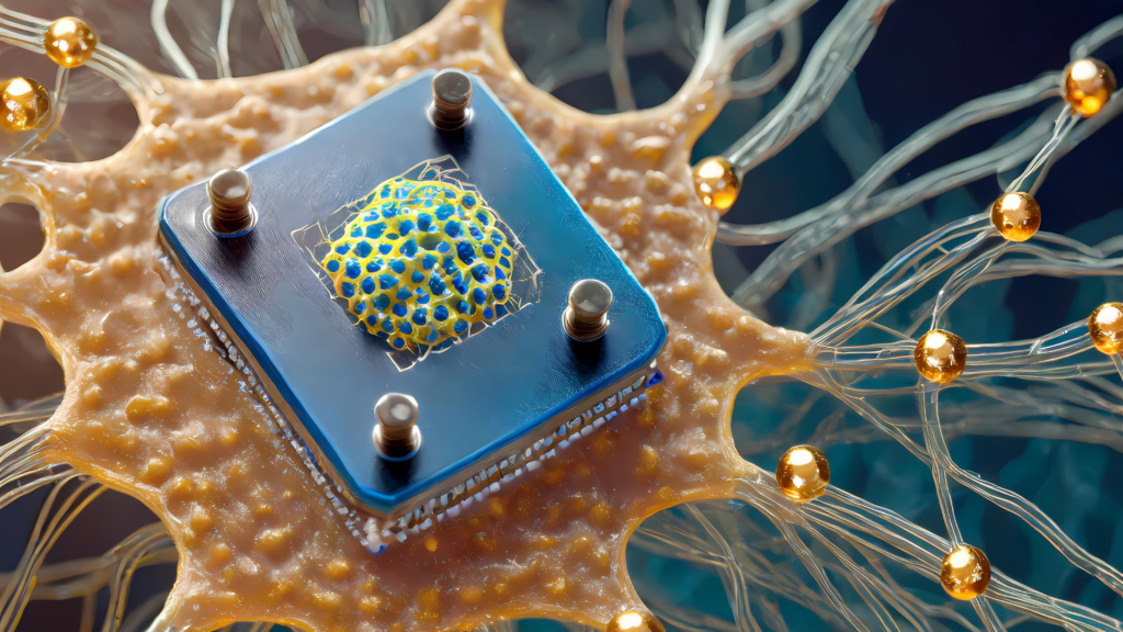 A futuristic neural chip embedded in a network of artificial neurons, representing AI-driven cognitive enhancement.
 
