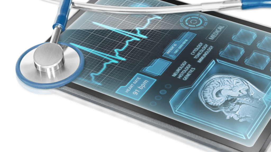 A high-tech medical interface displaying brain scans, neurodata, and health analytics, representing AI’s role in neurological diagnostics.