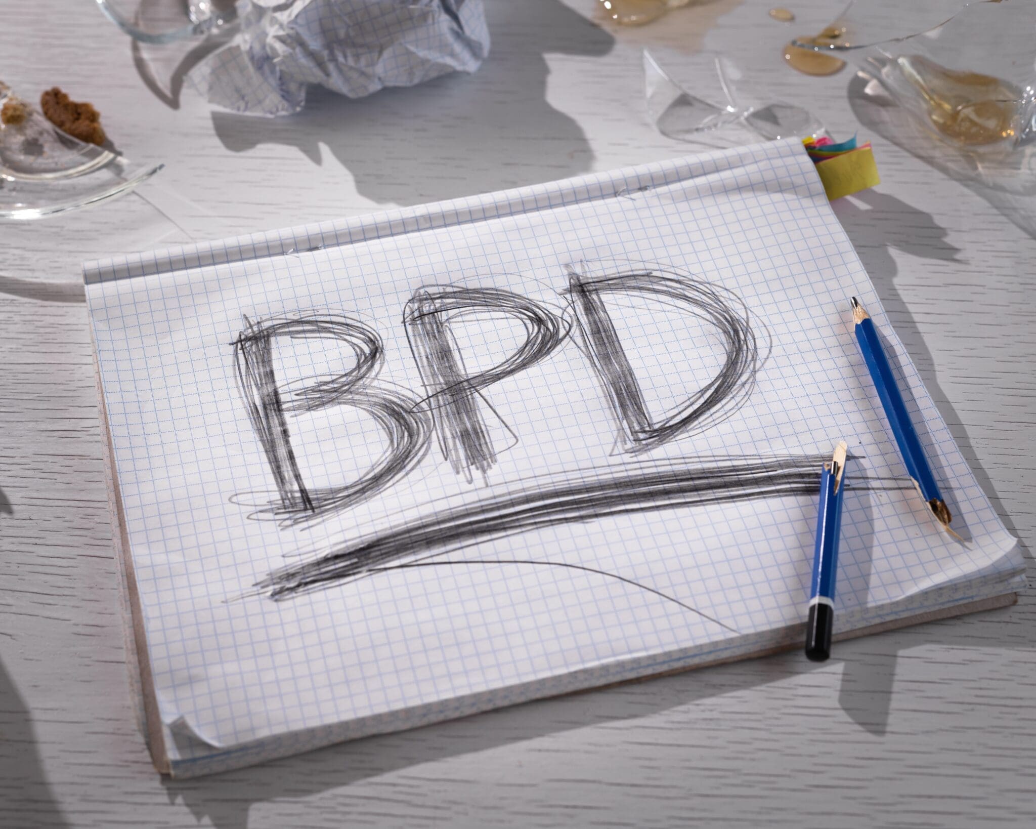 A handwritten note that reads "BPD" surrounded by broken pencils, symbolizing the emotional struggles associated with Borderline Personality Disorder.