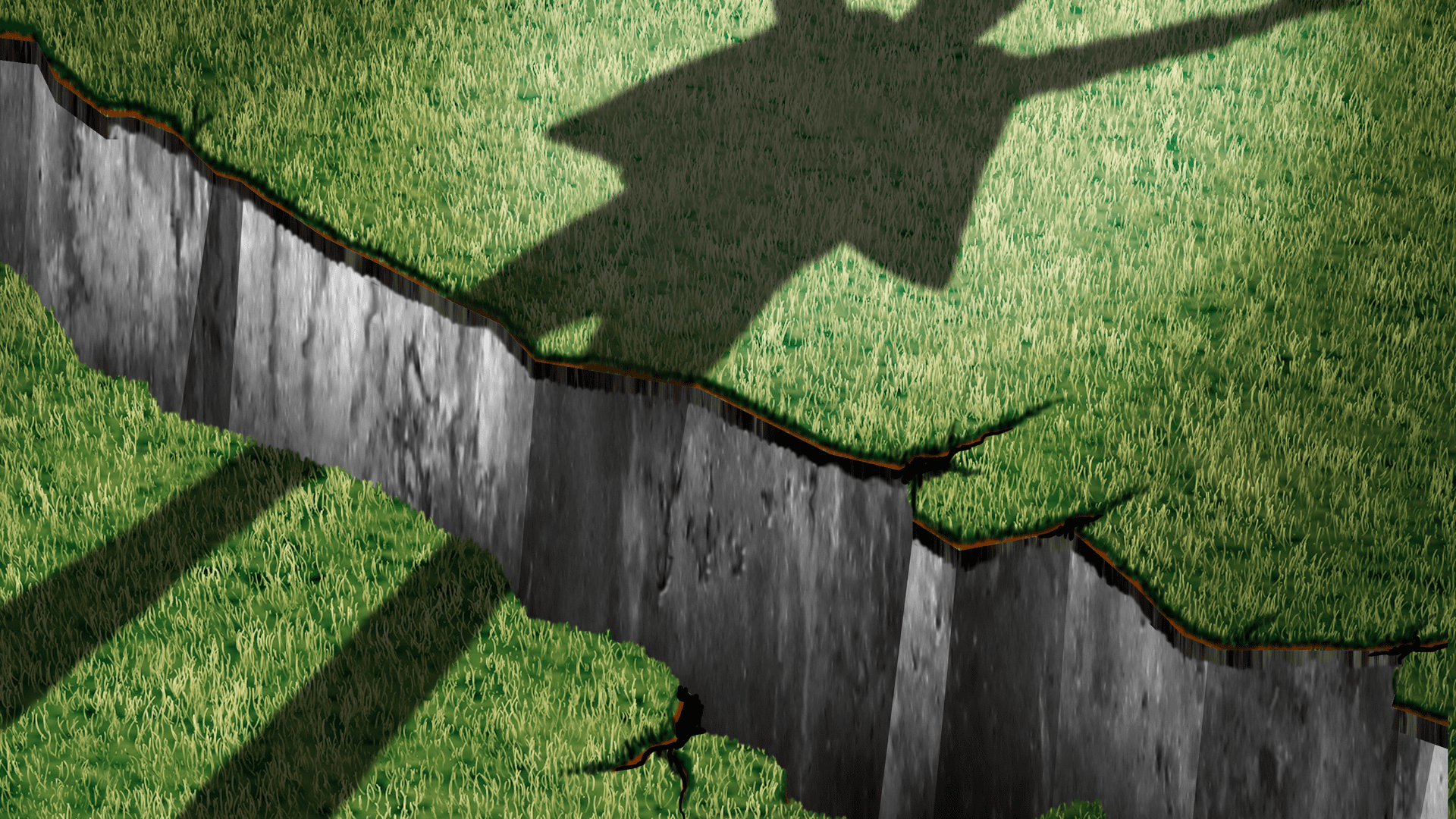 A leader's shadow stands at the edge of a deep chasm, symbolizing the challenges of overcoming obstacles in leadership.