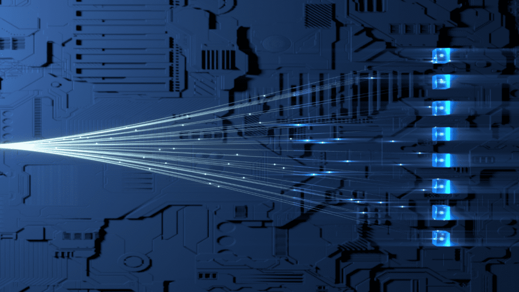 A futuristic digital interface with data streams, representing technology’s role in assessing and managing business risks.

