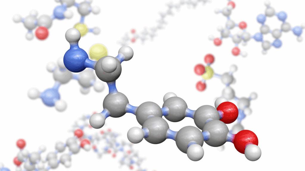 Dopamine addiction shown in a 3D rendering of dopamine molecule with neural chemical background.


