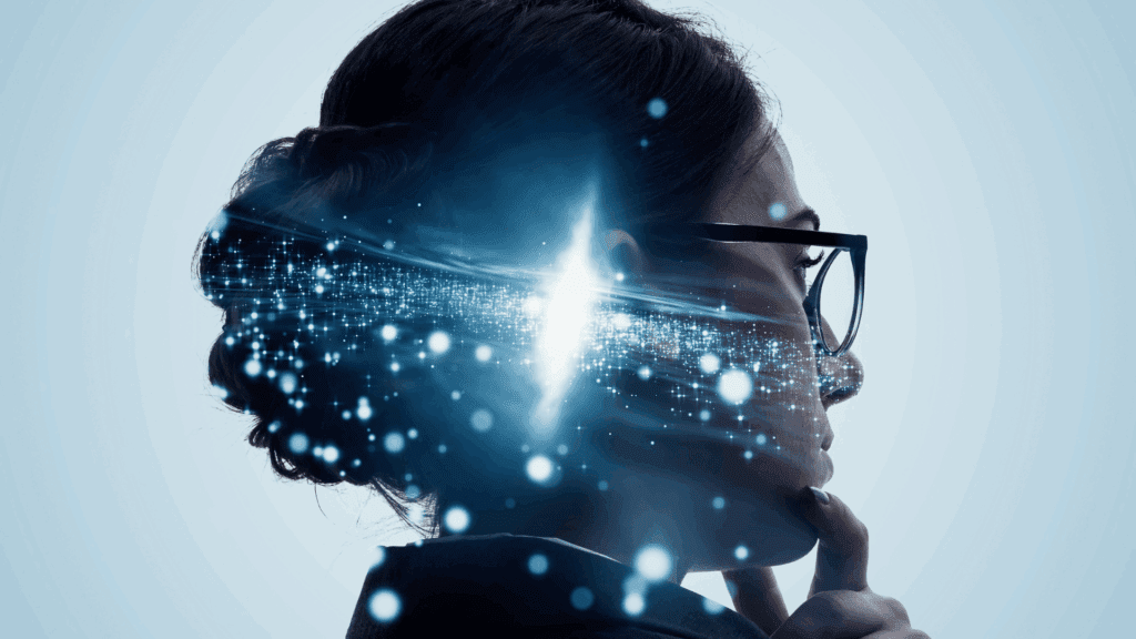 Woman in glasses with digital brain visualization, symbolizing the neuroscience of insecurity