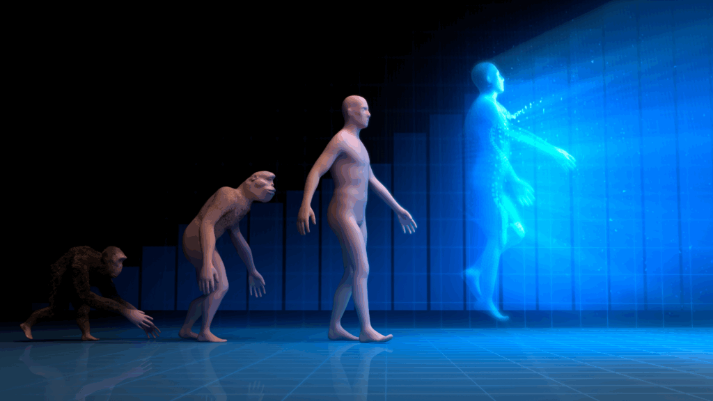 Evolution of humans to digital being, illustrating the neuroscience of insecurity
