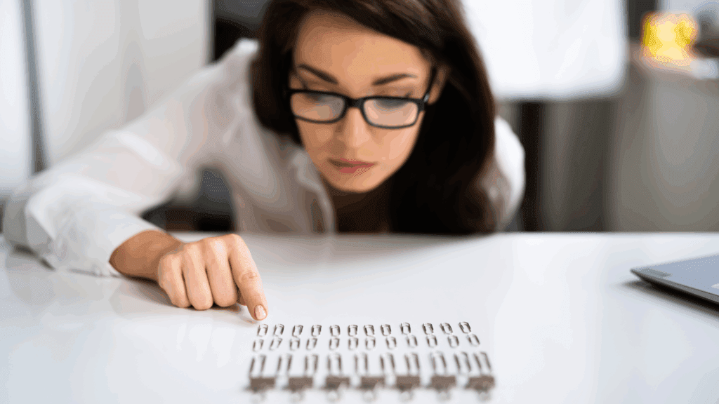 Woman who suffers from OCD and is engaging in reassurance-seeking by carefully arranging objects on a desk


