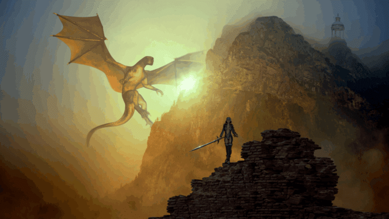 On the Blog 6 Romantasy scene with warrior and dragon in mystical mountains