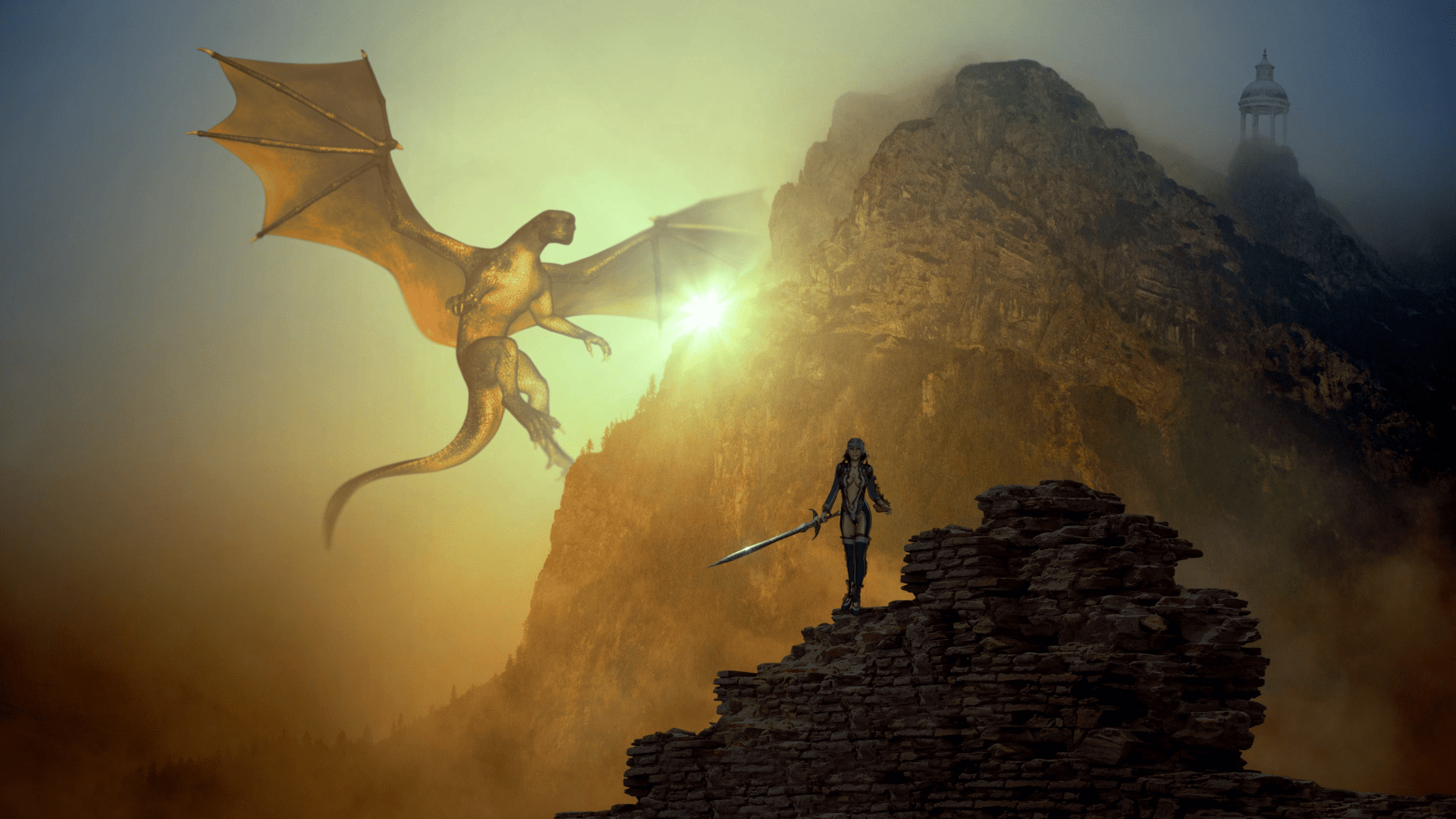 Romantasy scene with warrior and dragon in mystical mountains