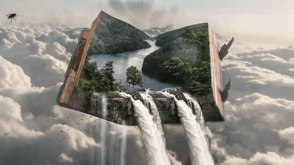 The Rise of Romantasy: Understanding the Psychological Appeal 2 Surreal romantasy artwork with waterfalls flowing from an open book.